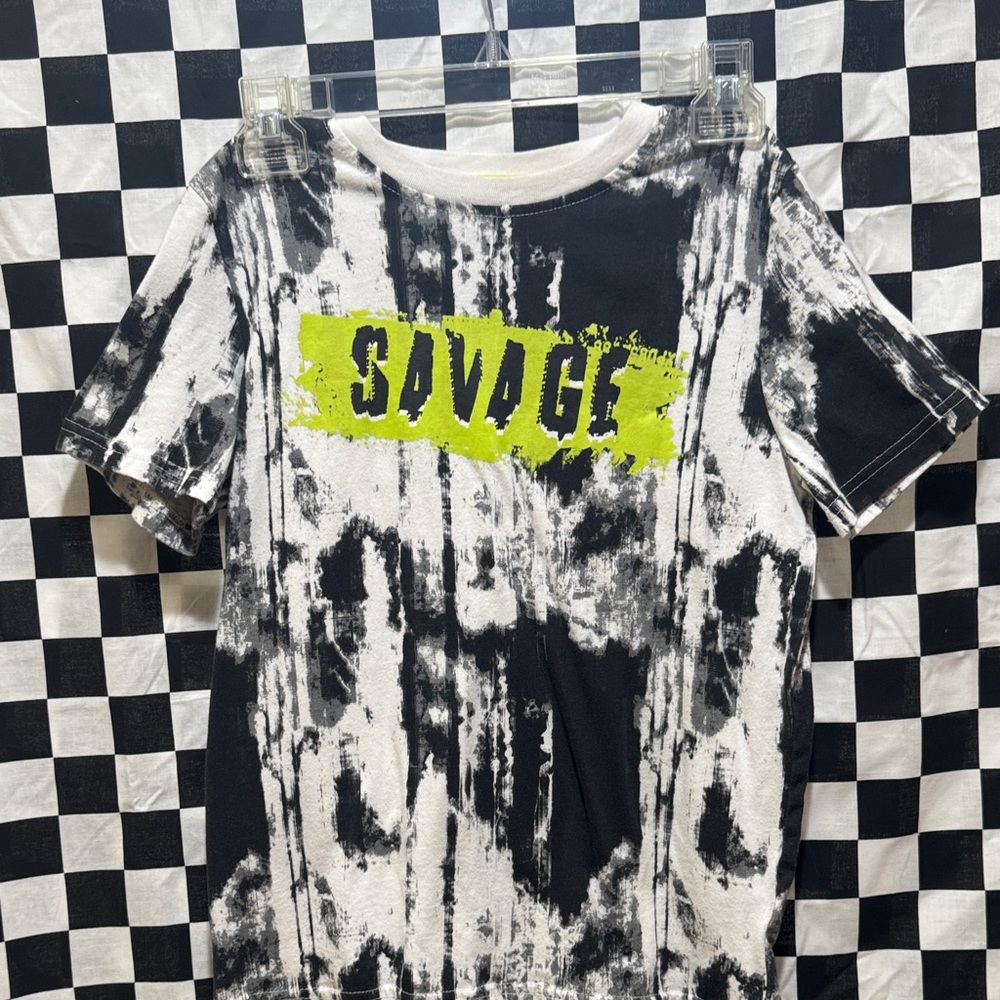 Savage Tie-Dye Kids T-Shirt - Black, White, and Neon Green size 10/12